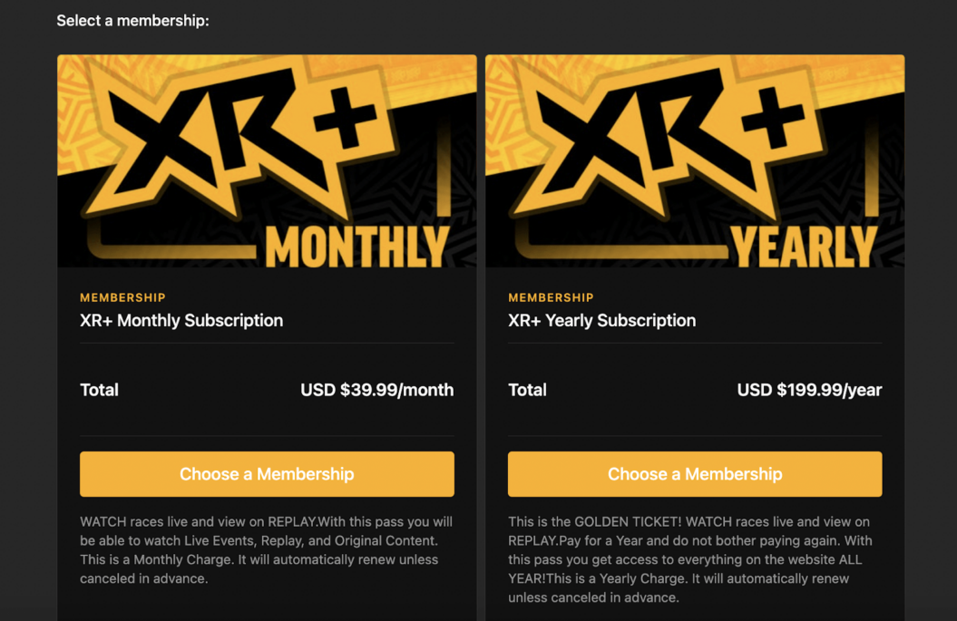 A image shows monthly and annual memberships for XR+.