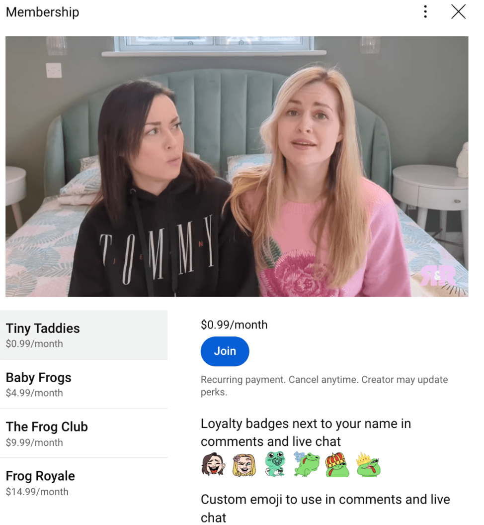 Rose and Rosie offer 4 different tiers, ranging from $.99/month for the “Tiny Taddies” to $14.99 for the “Frog Royale” members.
