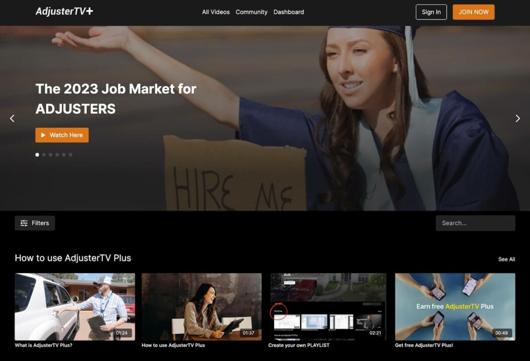 Screenshot of the AdjusterTV+ homepage and video catalog, a course membership site on the Uscreen platform.