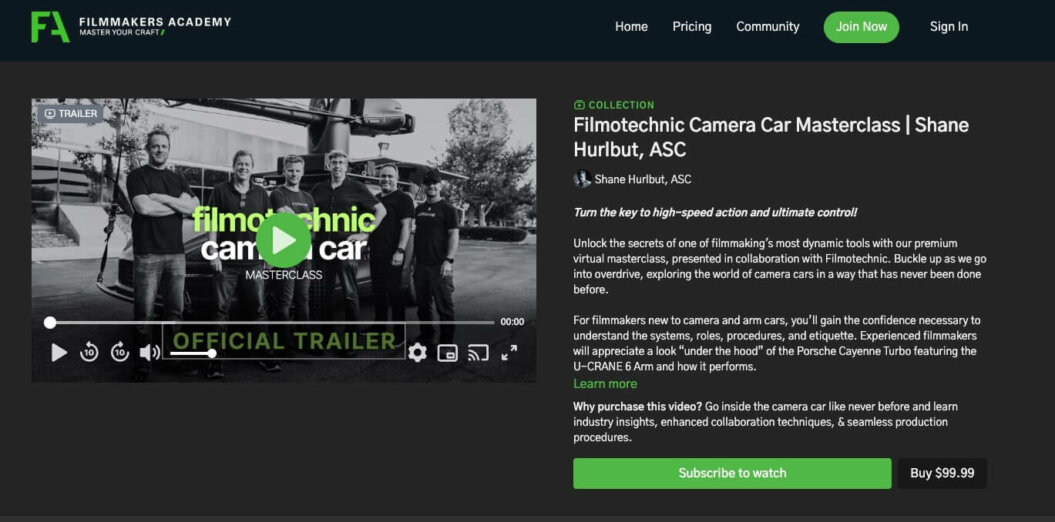 screenshot of Filmmakers Academy's website with a video screengrab and a 'subscribe' button