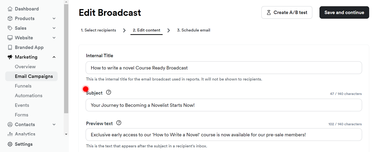 Email campaign example in Kajabi editor
